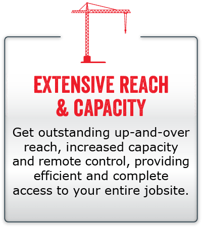 Extensive Reach and Capacity. Get outstanding up-and-over reach, increased capacity and remote control, providing efficient and complete access to your entire jobsite