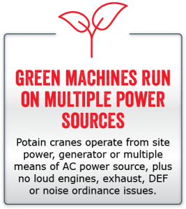 Green machines run on multiple power sources - Potain cranes operate from site power, generator or multiple means of AC power source, plus no loud engines, exhaust, DEF or noise ordinance issues.