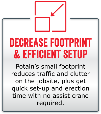 Decreased Footprint and Efficient Setup. Potain's small footprint reduces traffic and clutter on the jobsite, plus get quick set-up and erection time with no assist crane required.