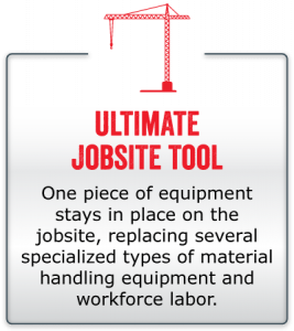 Ultimate jobsite tool - One piece of equipment stays in place on the jobsite, replacing several specialized types of material handling equipment and workforce labor. 