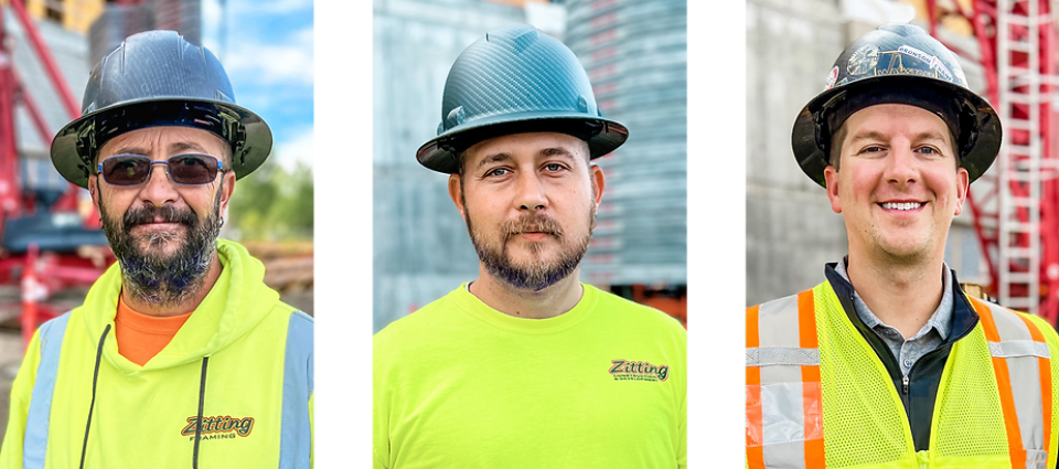 Left to right: Zitting Construction Framing Supervisor George Willis, Site Superintendent Jonathan Hammon, and Bronson Crane Owner and General Manager Judd Wagstaff.